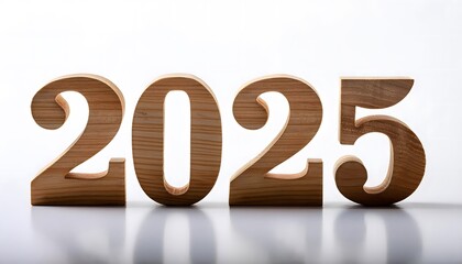 Word "2025", wooden isolated on white background.