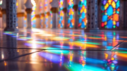 Naklejka premium Vibrant neon reflections highlighting the detailed patterns of an ancient mosque, creating a unique and captivating image