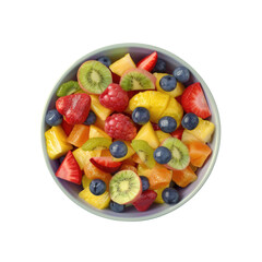 Top view of a bowl of fresh fruit salad on a transparent background
