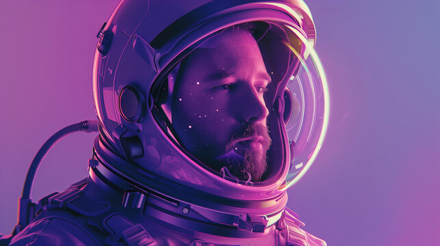 Astronaut in Reflective Helmet with Purple Cosmic Lighting