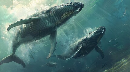Fototapeta premium Humpback whales and calf