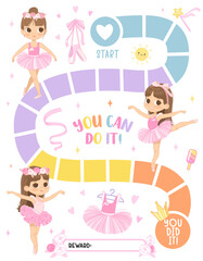 Ballerina reward chart for girls and boys. Cute Ballerina. Table of behavior, chores and routine work of kids. Vector