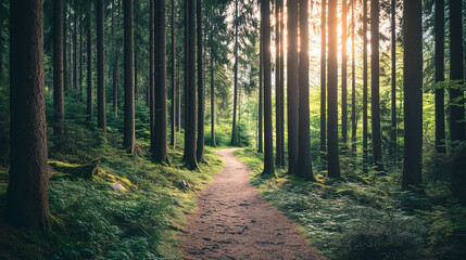 Fototapeta premium Tranquil Woodland Trail in Sunlit Forest