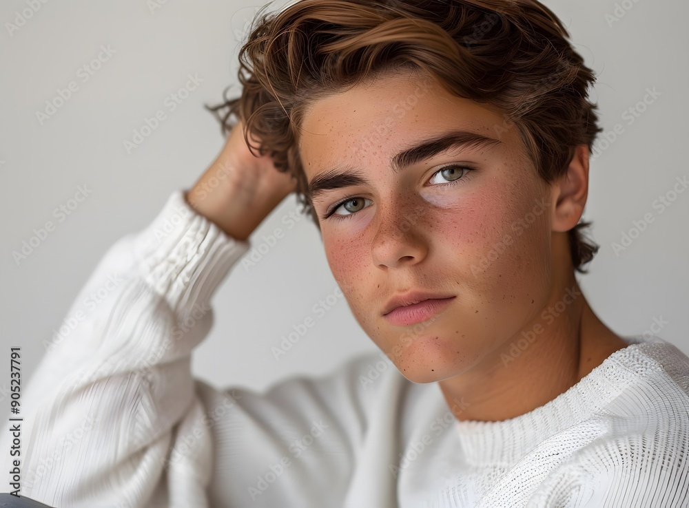 Wall mural portrait of a young man with freckles