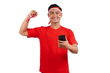 An Indonesian man celebrating Indonesia's independence day on 17 August while holding smartphone with blank screen isolated transparent