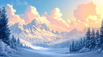 Serene Cartoon Winter Mountain Landscape