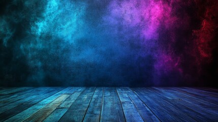 A dark, moody backdrop featuring a wooden floor with blue and pink neon smoke, symbolizing creativity, mystery, energy, imagination, and abstract beauty.