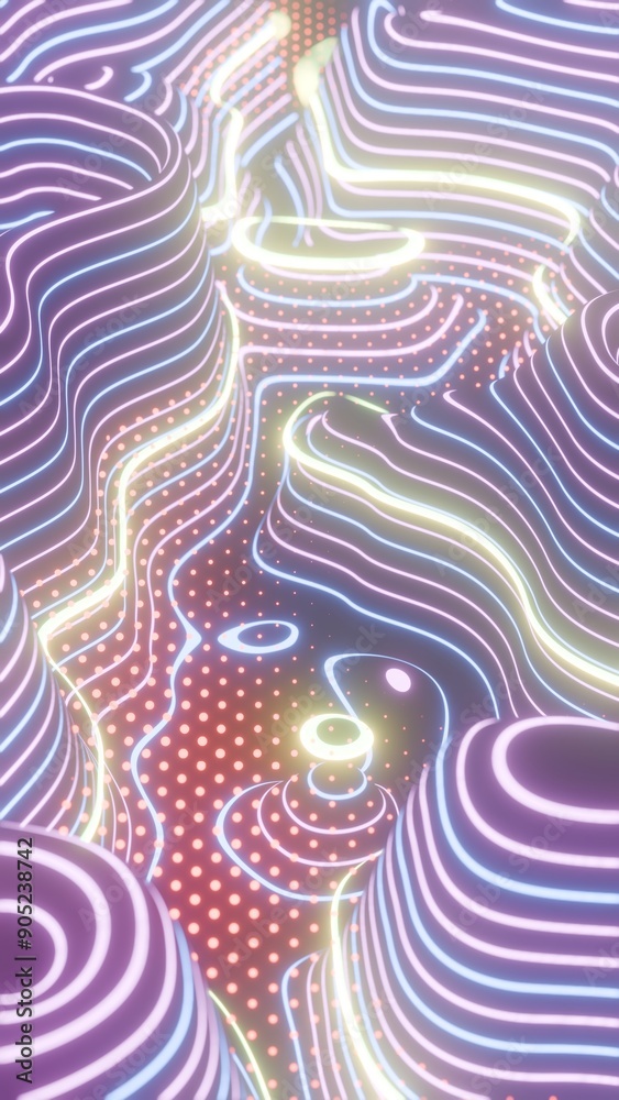 Poster colorful abstract topographic lines with glowing neon lights..