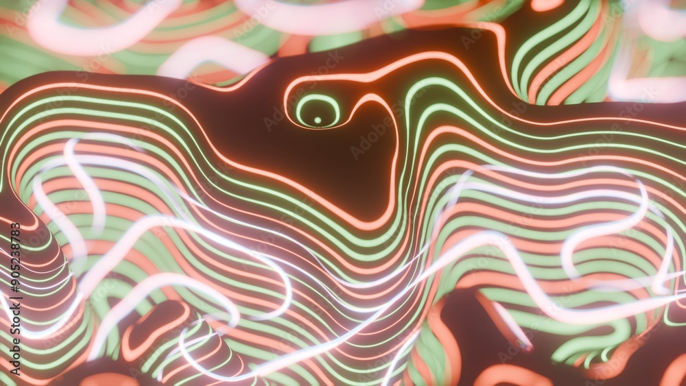 Poster colorful abstract topographic lines with glowing neon lights..