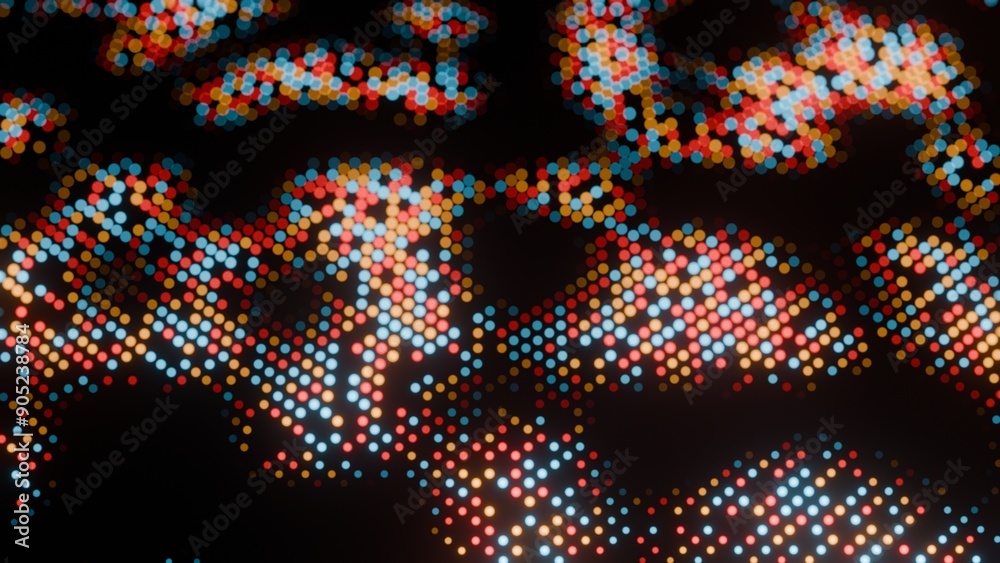 Poster abstract map with colorful dots on black background.