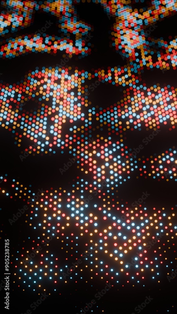 Poster abstract map with colorful dots on black background.