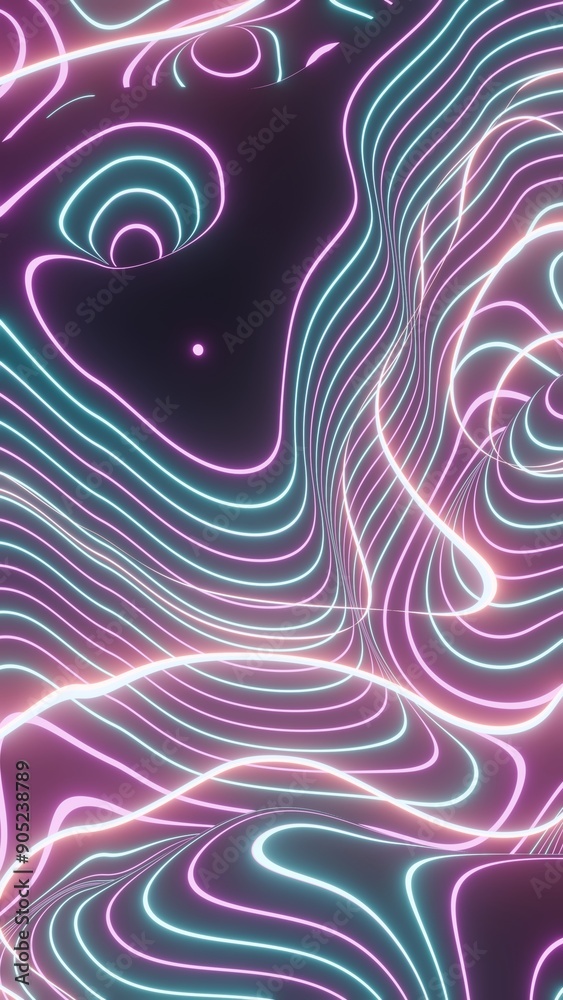 Poster colorful abstract topographic lines with glowing neon lights..