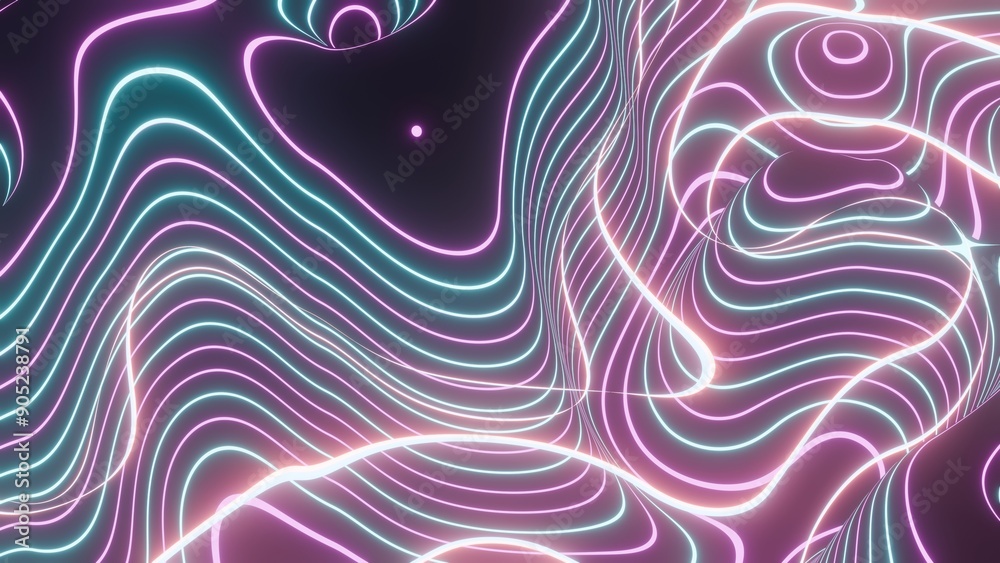 Poster colorful abstract topographic lines with glowing neon lights..