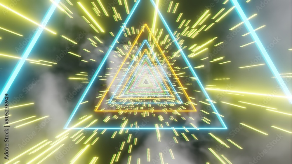 Poster Futuristic Neon Triangular Tunnel with Speeding Light Streaks..