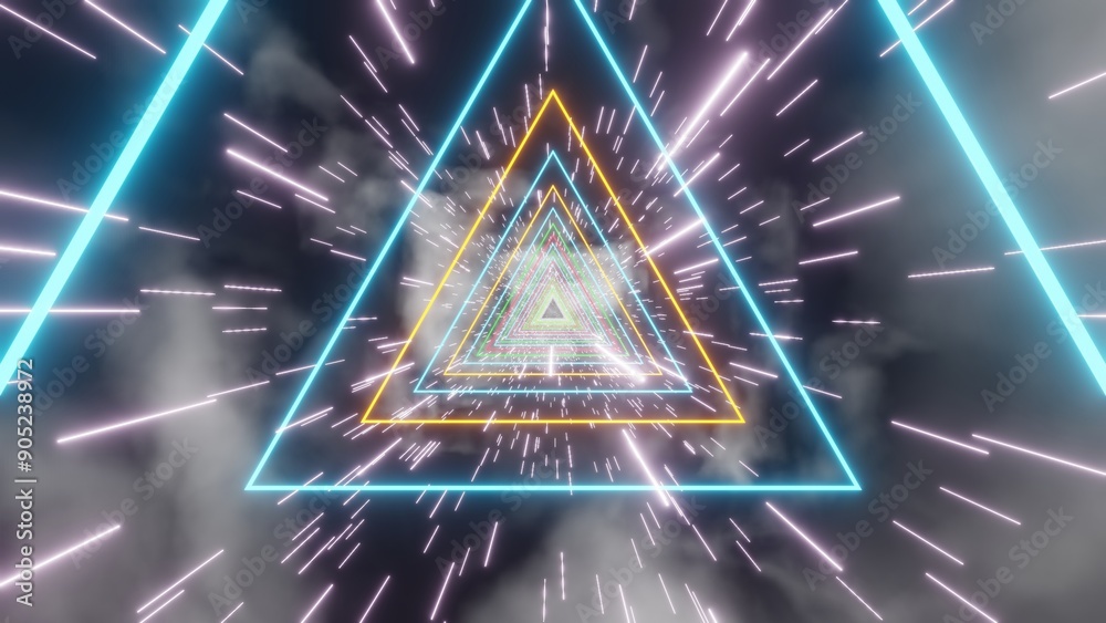 Aufkleber futuristic neon triangular tunnel with speeding light streaks..