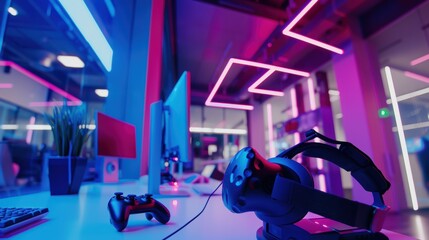 Virtual reality gaming headset and controller sitting on a table in a gaming club with neon lighting