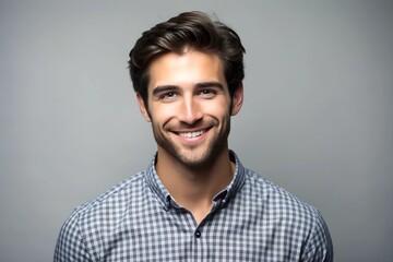 Obraz premium A young man with a friendly smile, wearing casual attire and posed against a light grey background. The image conveys approachability and positive energy