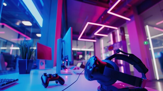Virtual reality gaming headset and controller sitting on a table in a gaming club with neon lighting