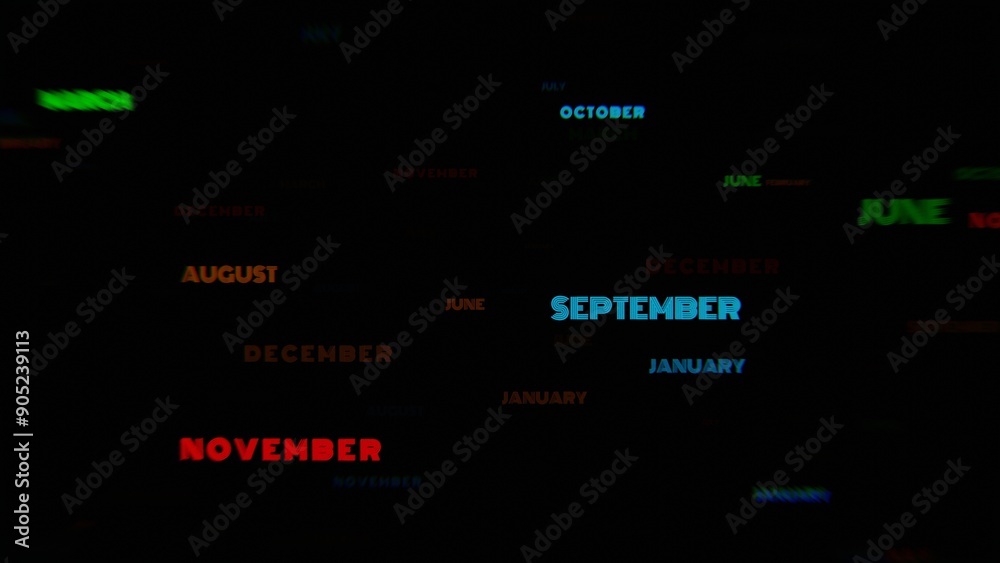 Poster Colorful Neon Month Names on a Dark Background..
