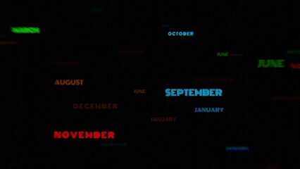 Colorful Neon Month Names on a Dark Background..