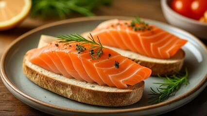  Deliciously fresh salmon on a toasted bagel garnished with dill and lemon