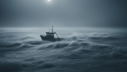 Obraz premium A lone fishing boat braving a foggy, freezing night at sea, surrounded by towering waves and icy mist as it fights against the elements. 
