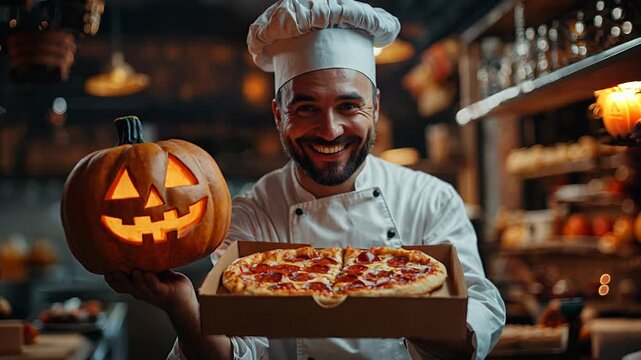 4k video of a chef holding pizza on Halloween.