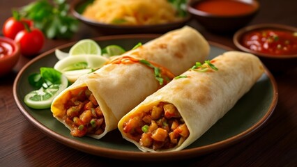  Deliciously rolled  Two burritos with vibrant toppings and sauces ready to be savored