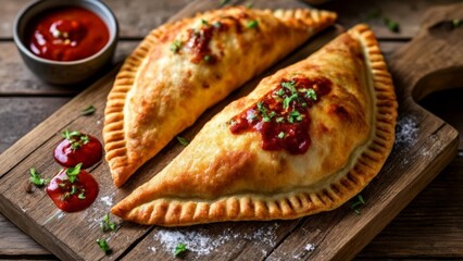  Deliciously baked pastries with a vibrant red sauce ready to be savored