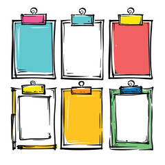 Collection handdrawn clipboards, colorful sketch style, office supplies isolated white background. Assorted clipboards, empty sheets, doodle design elements, stationary. Multicolored array