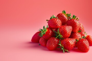 A vibrant image showcasing a heap of delicious strawberries set against a smooth pink background, leaving room for text.
