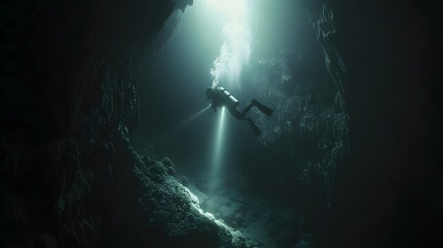 Diver explores a dark underwater cave alone, light from a torch barely piercing the surrounding darkness