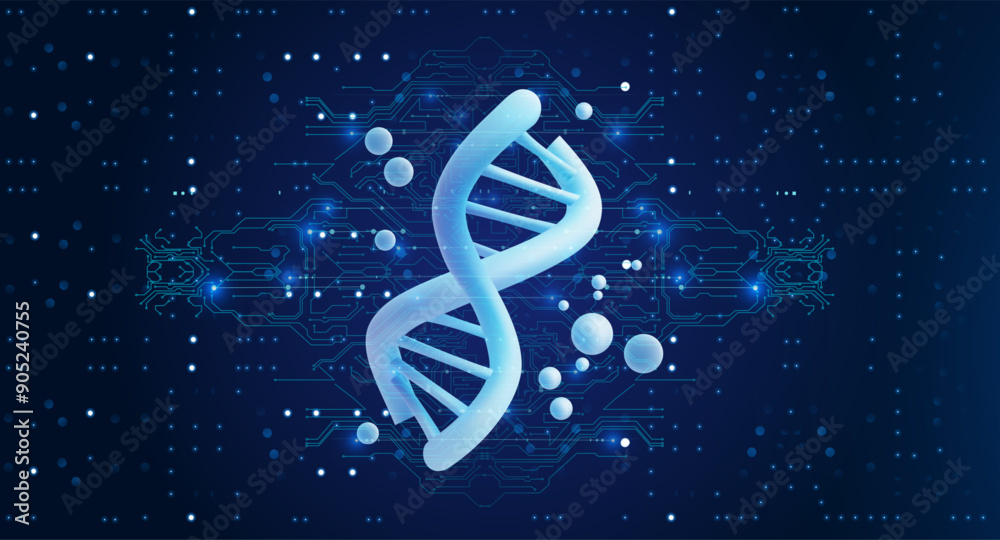Poster 3d illustration of a dna strand with digital circuit elements on a dark blue background, symbolizing