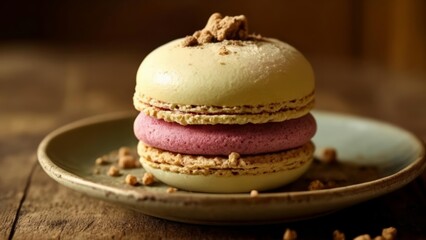 Fototapeta premium Deliciously stacked macarons on a rustic plate