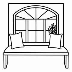 A window seat with cushions and a view of a garden