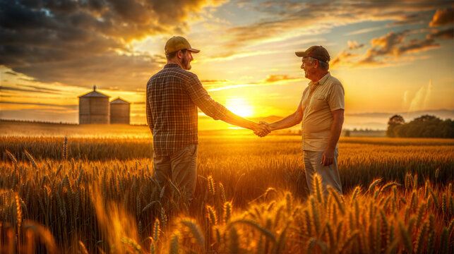  Farmers shaking hands in the field at sunset, embodying a mood of collaboration and unity against a backdrop of vibrant skies.