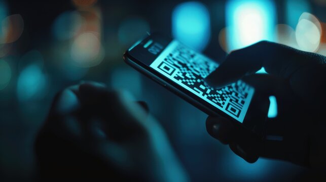 Person is using a smartphone to scan a qr code with their finger in a blue-lit setting