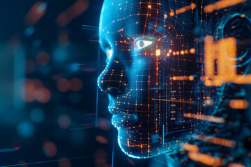 Fototapeta premium An abstract face emerges against a futuristic background, symbolizing the integration of artificial intelligence