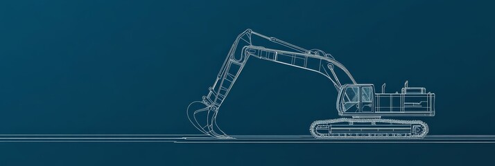 A wireframe illustration of an excavator on a blue background, symbolizing construction, engineering, machinery, technology, and progress.