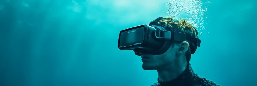 A person wearing a VR headset explores the ocean, symbolizing the fusion of technology, nature, and the potential for immersive experiences.