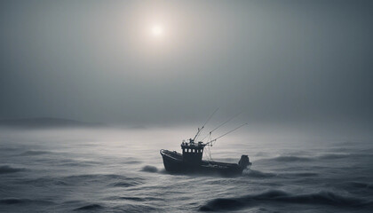 Naklejka premium A lone fishing boat braving a foggy, freezing night at sea, surrounded by towering waves and icy mist as it fights against the elements. 