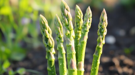 A close-up of fresh green asparagus spears growing in a garden. The spears are vibrant green and full of life, symbolizing health, growth, and new beginnings.