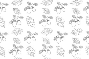 Seamless pattern of acorns and oak leaves in black and white. Ideal for coloring pages, autumn designs, and craft projects.