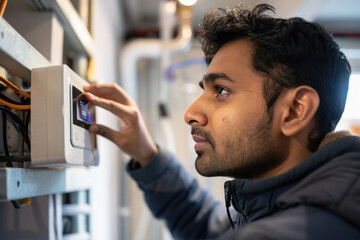 Indian Engineer adjusting the settings on a thermostat to optimize an efficient automated heating system
