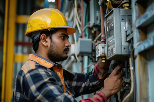 Indian Engineer adjusting the settings on a thermostat to optimize an efficient automated heating system
