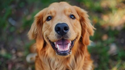 Fototapeta premium A golden retriever dog with a happy expression, looking up with its mouth open, showcasing its teeth and tongue