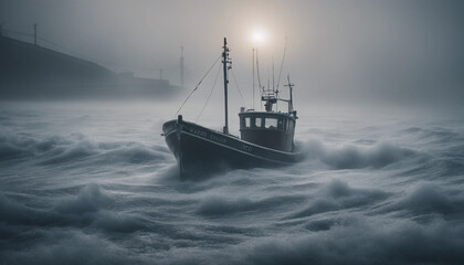 A lone fishing boat braving a foggy, freezing night at sea, surrounded by towering waves and icy mist as it fights against the elements.
