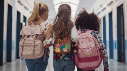 Three girls are walking down a hallway with their backpacks