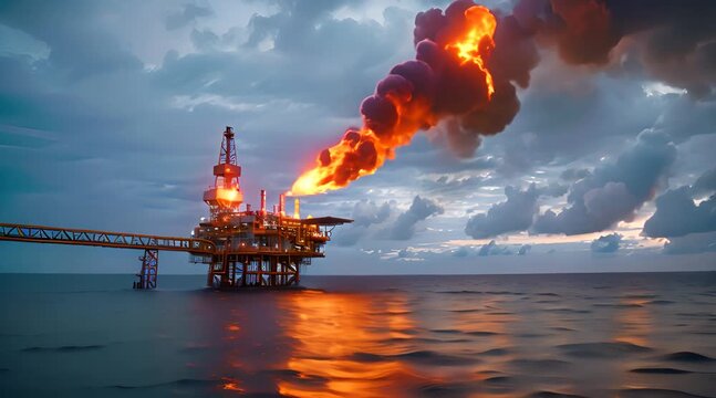 Flare offshore platform of oil rig and gas mining industry. Burning dangerous toxic gas. Sea background with cloudy sky.