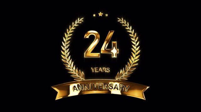 24th Anniversary Celebration. Happy 24 Years Anniversary Animation in Gold Color on the Transparent Background, Alpha Channel. Great for greetings, celebrations, events, and gifts.